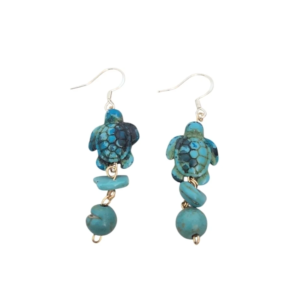 Turquoise Sea Turtle Dangle Earrings Ocean-Inspired Handmade Gemstone Jewelry